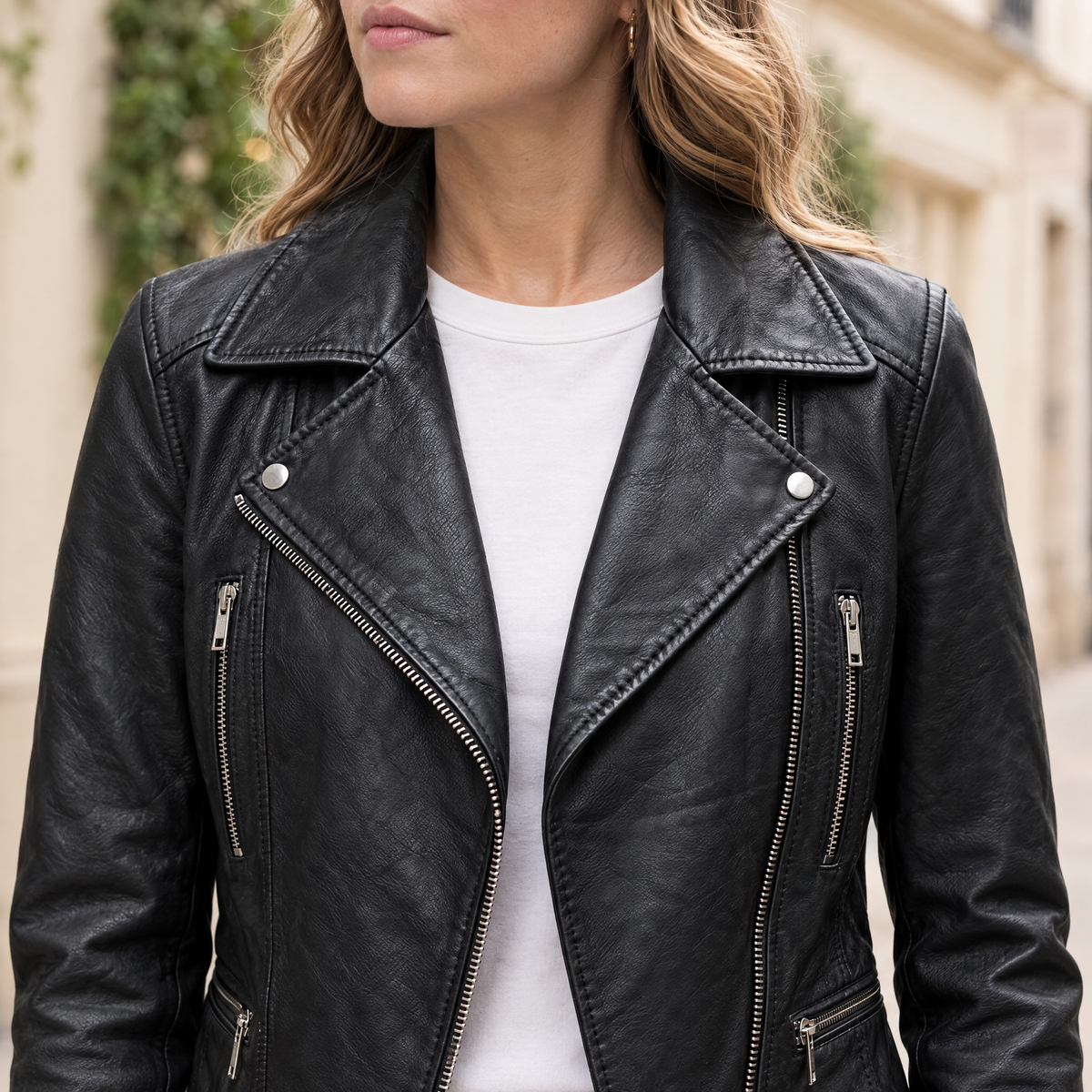 Women's Marissa Asymmetric Leather Moto Jacket — Black — chest-detail