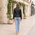 Women's Marissa Asymmetric Leather Moto Jacket — Black — full-body-back