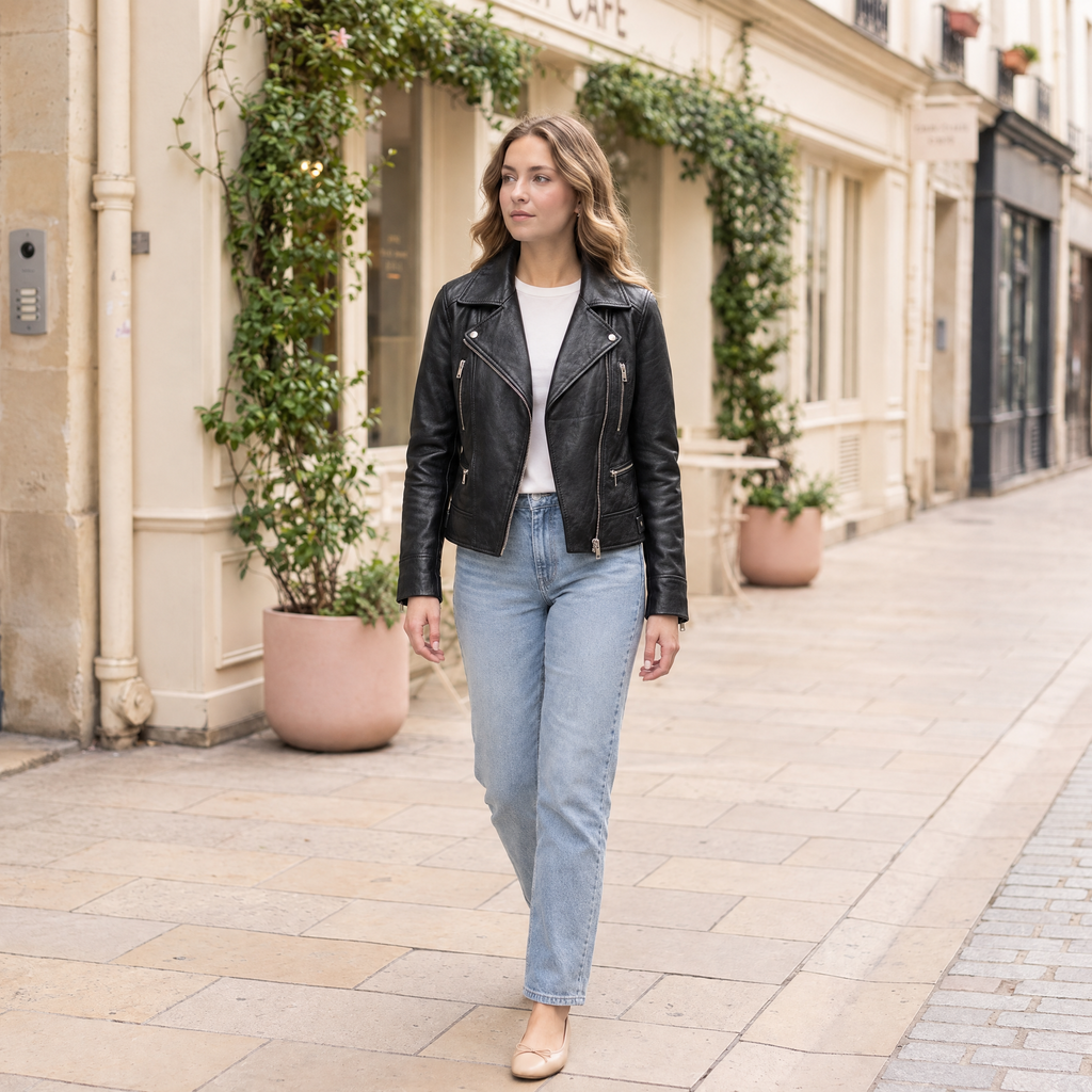 Women's Marissa Asymmetric Leather Moto Jacket — Black — full-body-front