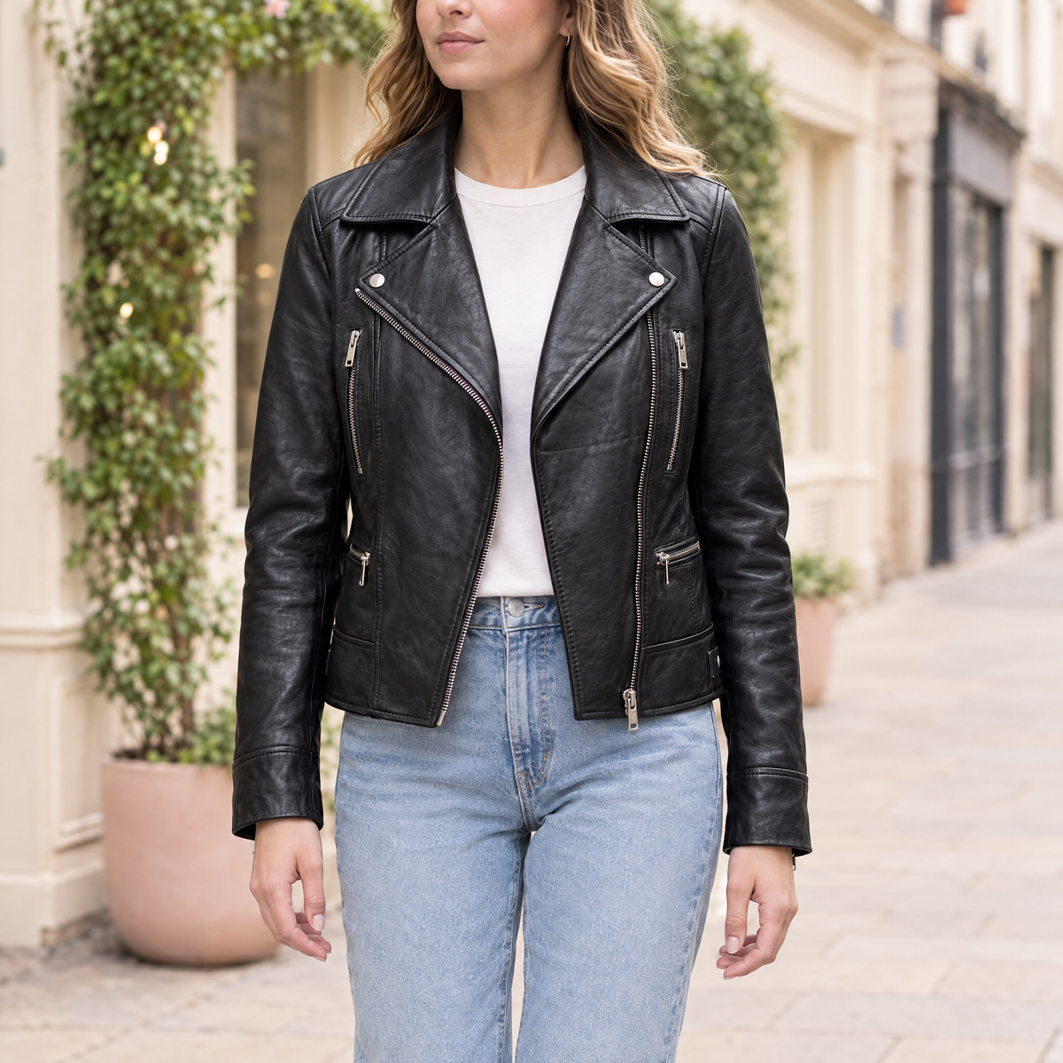 Women's Marissa Asymmetric Leather Moto Jacket — Black — hero