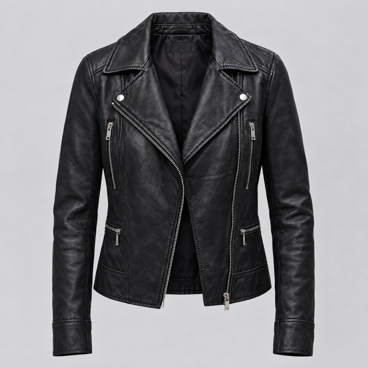 Women's Marissa Asymmetric Leather Moto Jacket — Black — product-front