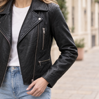 Women's Marissa Asymmetric Leather Moto Jacket — Black — sleeve-detail