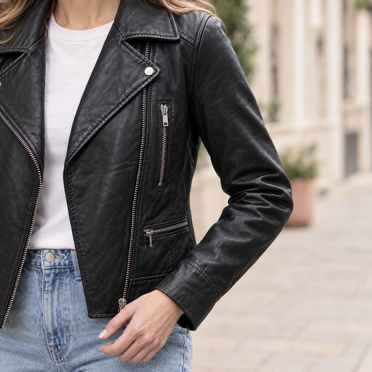 Women's Marissa Asymmetric Leather Moto Jacket — Black — sleeve-detail