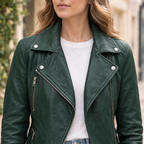 Women's Marissa Asymmetric Leather Moto Jacket — Green — chest-detail