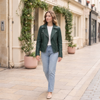 Women's Marissa Asymmetric Leather Moto Jacket — Green — full-body-front