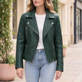 Women's Marissa Asymmetric Leather Moto Jacket — Green — hero
