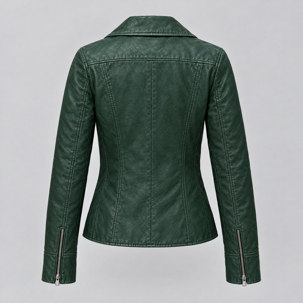 Women's Marissa Asymmetric Leather Moto Jacket — Green — product-back