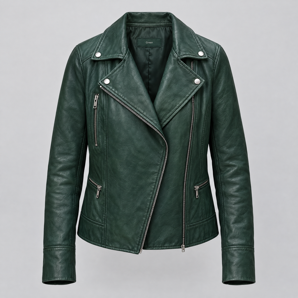 Women's Marissa Asymmetric Leather Moto Jacket — Green — product-front
