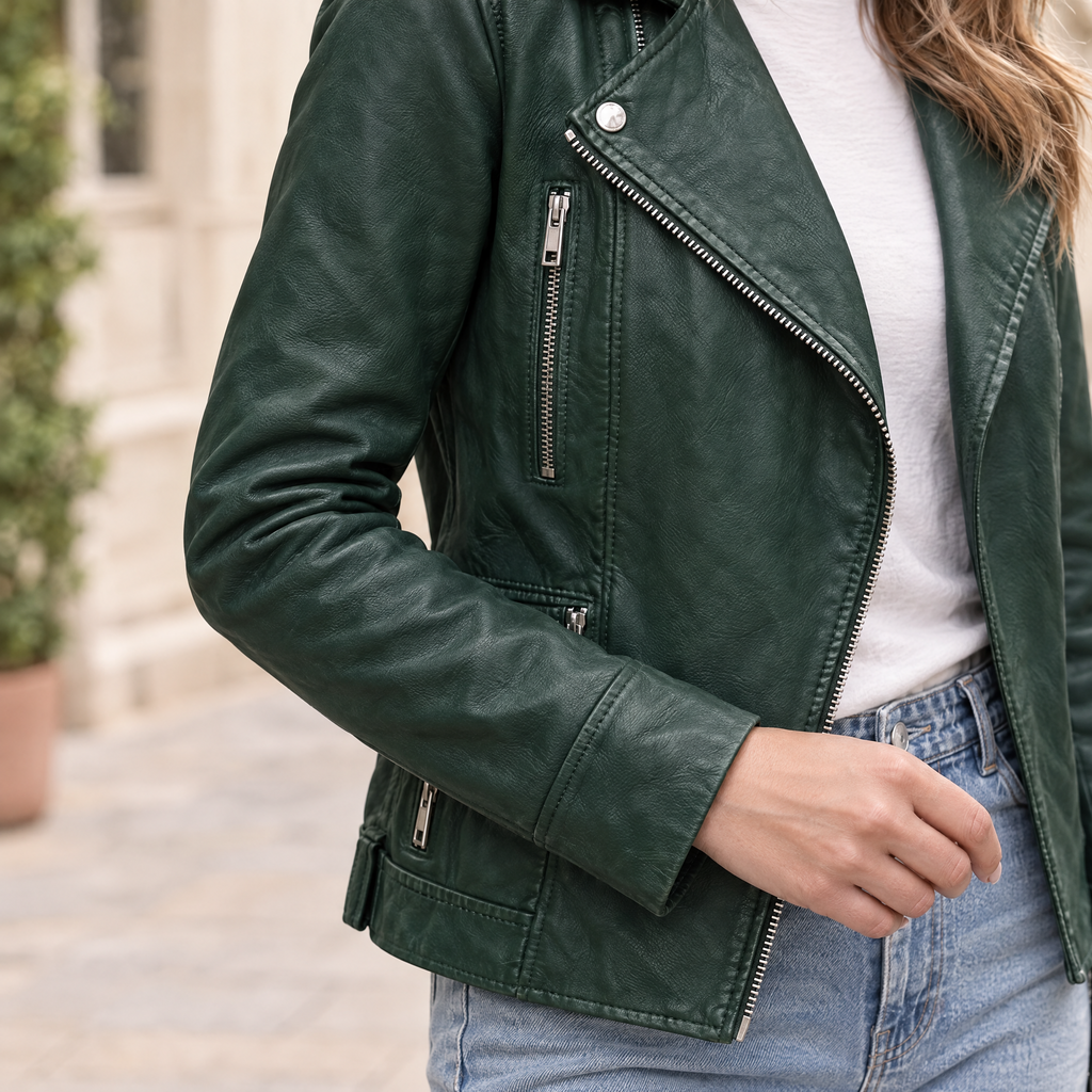 Women's Marissa Asymmetric Leather Moto Jacket — Green — sleeve-detail