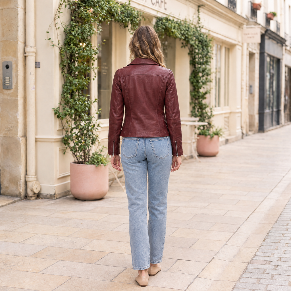 Women's Marissa Asymmetric Leather Moto Jacket — Ox Red — full-body-back