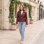 Women's Marissa Asymmetric Leather Moto Jacket — Ox Red — full-body-front