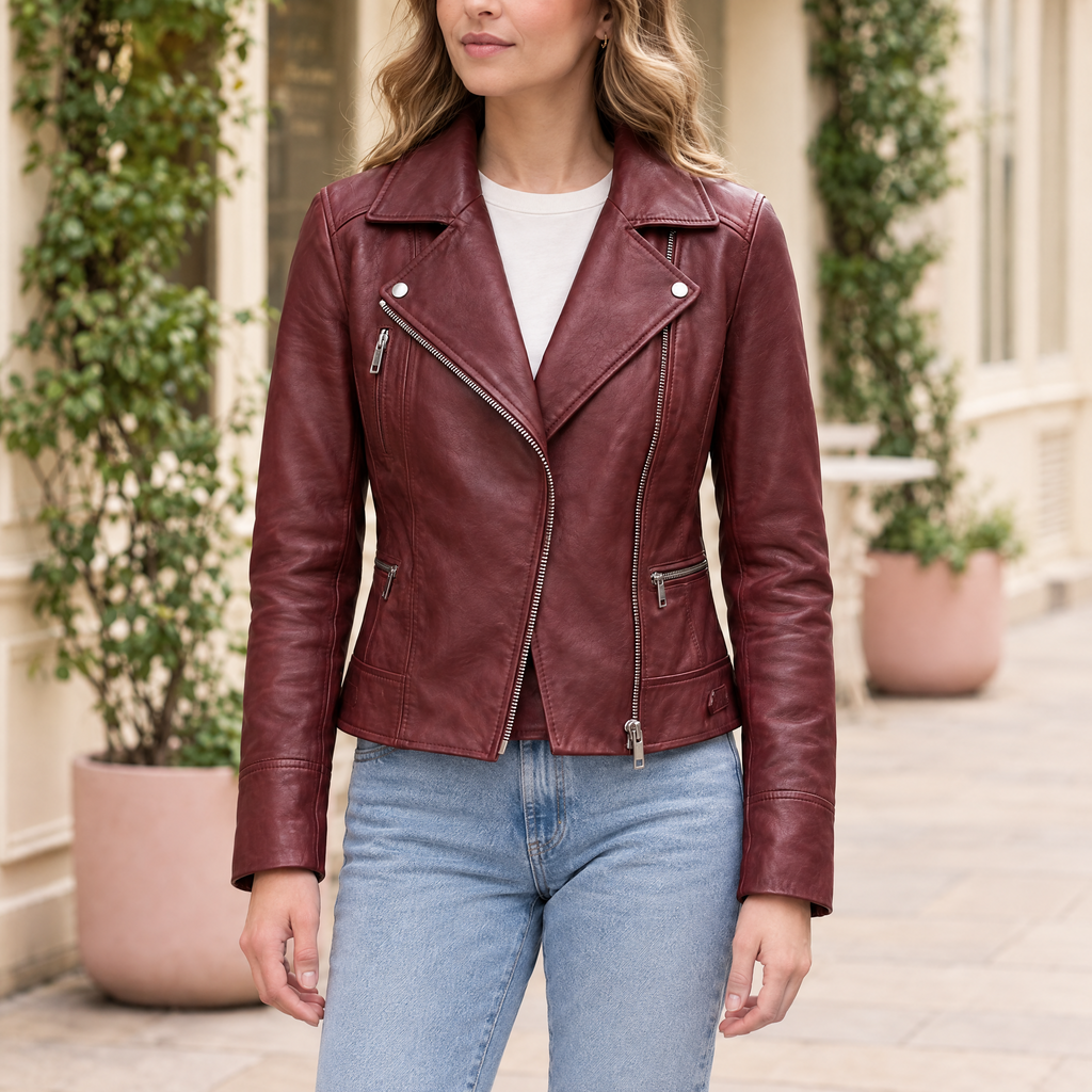 Women's Marissa Asymmetric Leather Moto Jacket — Ox Red — hero