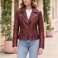 Women's Marissa Asymmetric Leather Moto Jacket — Ox Red — hero