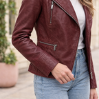 Women's Marissa Asymmetric Leather Moto Jacket — Ox Red — sleeve-detail