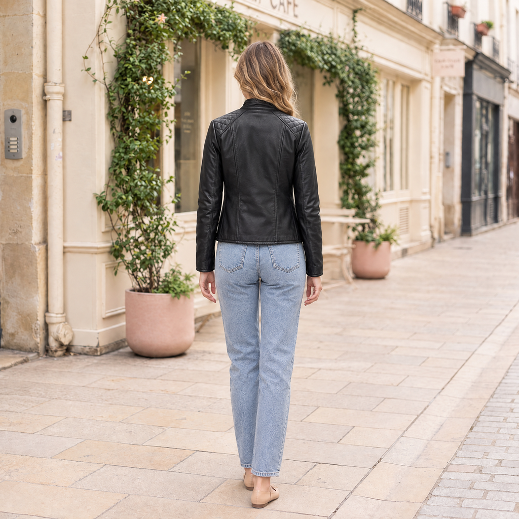 Women's Marlette Quilted Leather Racer Jacket — Black — full-body-back