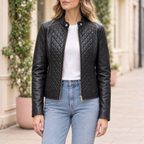 Women's Marlette Quilted Leather Racer Jacket — Black — hero