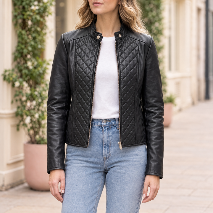 Women's Marlette Quilted Leather Racer Jacket — Black — hero