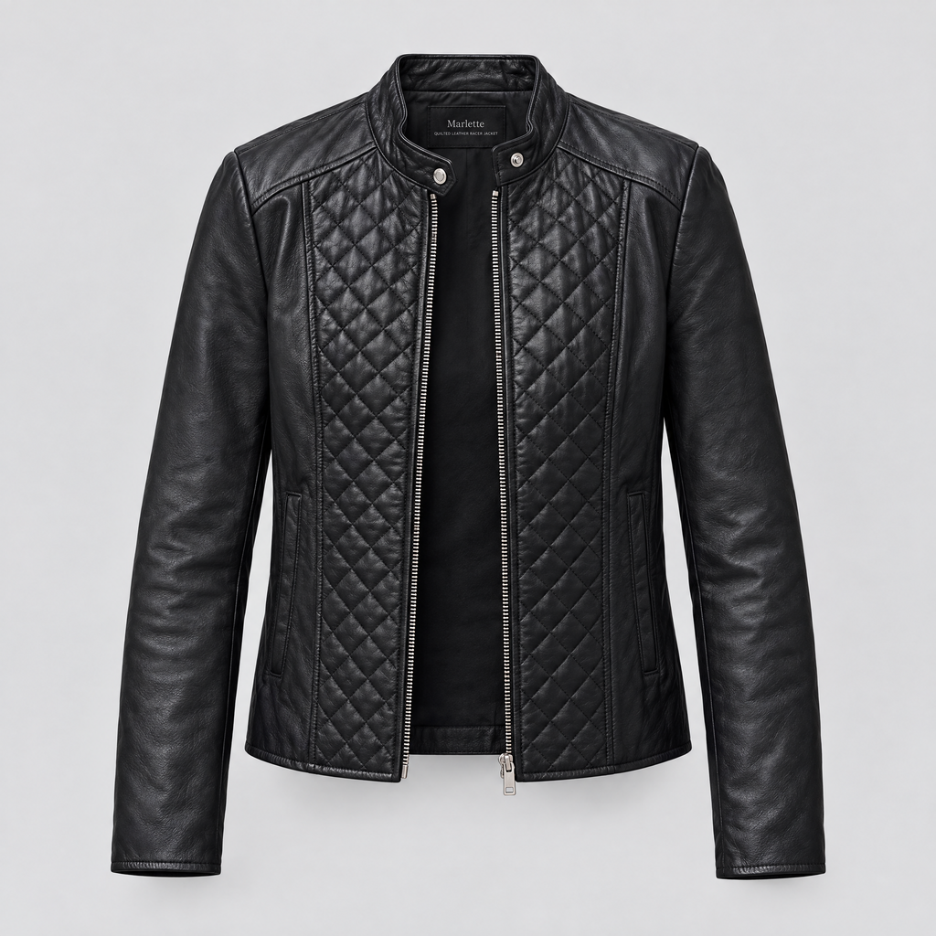 Women's Marlette Quilted Leather Racer Jacket — Black — product-front