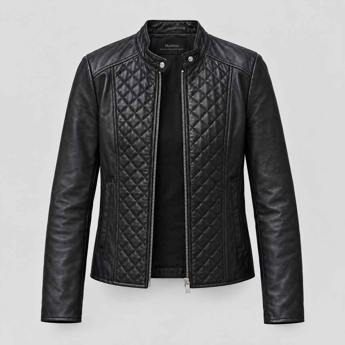 Women's Marlette Quilted Leather Racer Jacket — Black — product-front