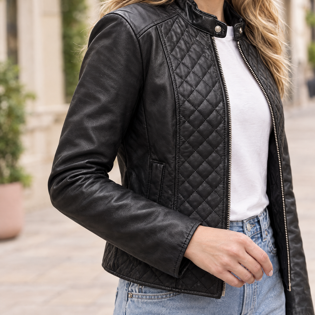 Women's Marlette Quilted Leather Racer Jacket — Black — sleeve-detail
