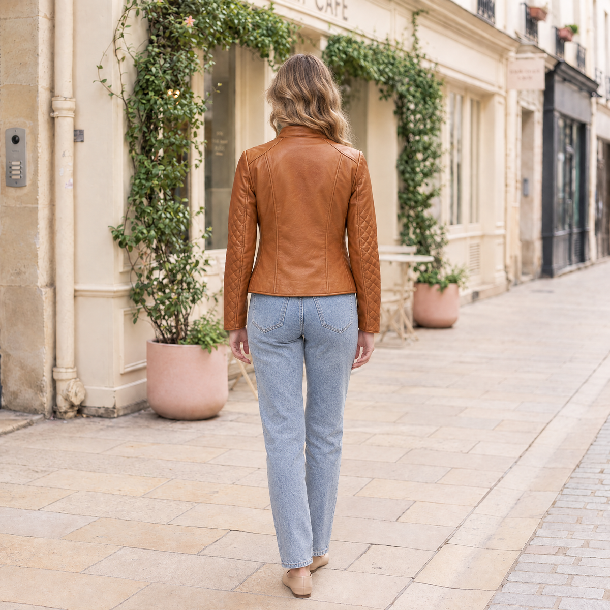 Women's Marlette Quilted Leather Racer Jacket — Cognac — full-body-back