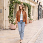 Women's Marlette Quilted Leather Racer Jacket — Cognac — full-body-front