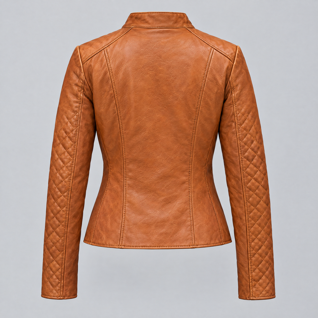 Women's Marlette Quilted Leather Racer Jacket — Cognac — product-back
