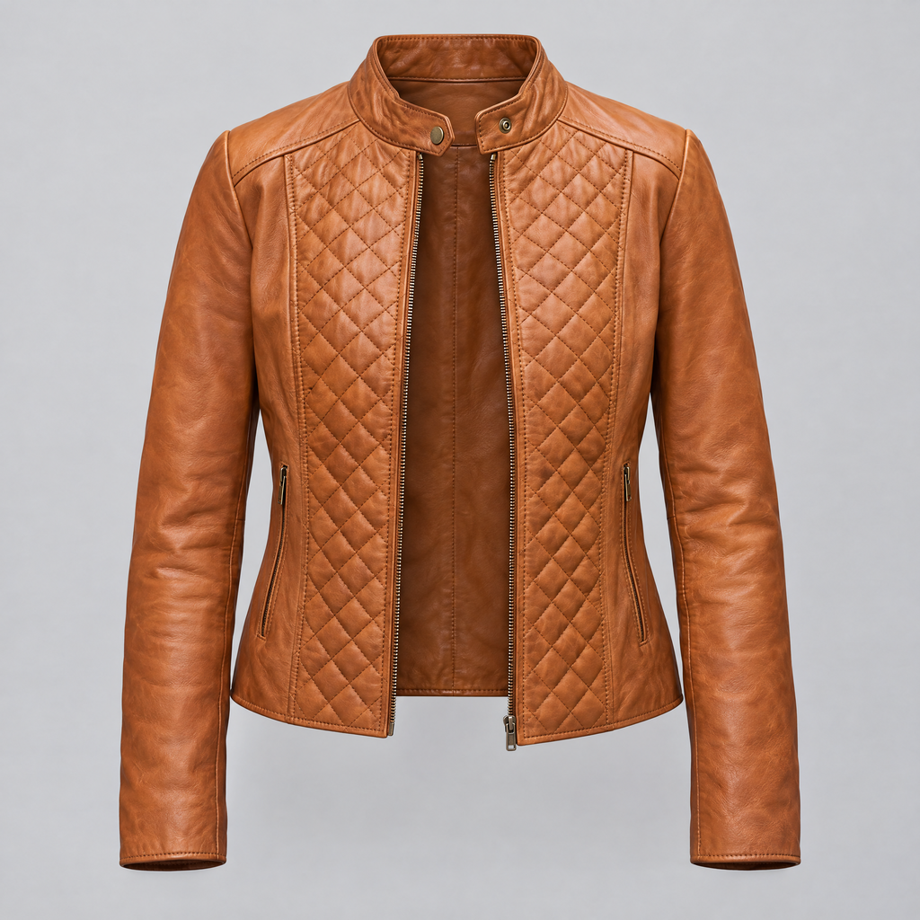 Women's Marlette Quilted Leather Racer Jacket — Cognac — product-front