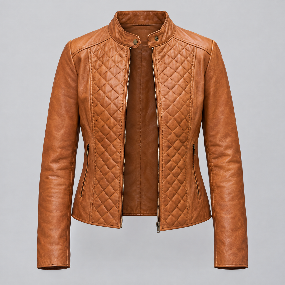 Women's Marlette Quilted Leather Racer Jacket — Cognac — product-front