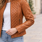 Women's Marlette Quilted Leather Racer Jacket — Cognac — sleeve-detail