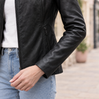 Women's Meg Leather Scuba Jacket — Black — sleeve-detail
