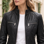 Women's Mikel Leather Racer Jacket — Black — chest-detail