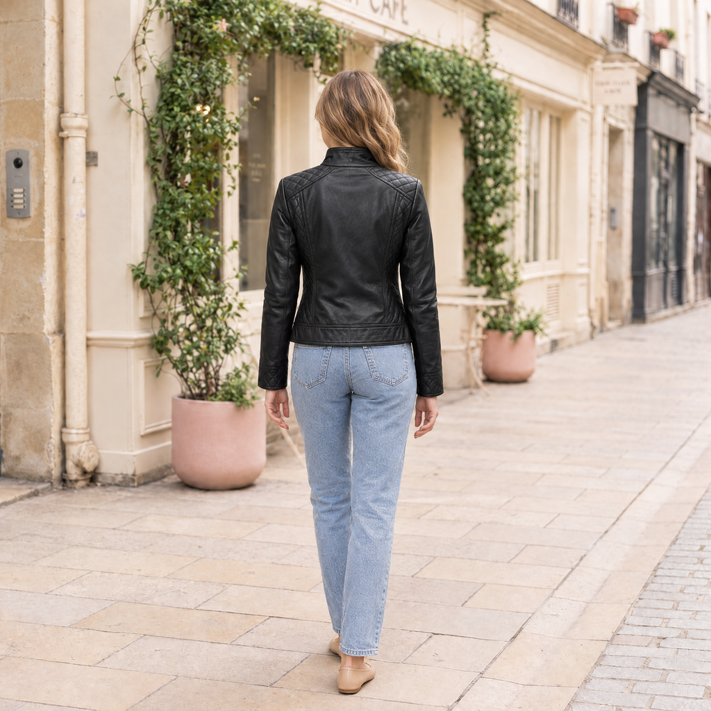 Women's Mikel Leather Racer Jacket — Black — full-body-back