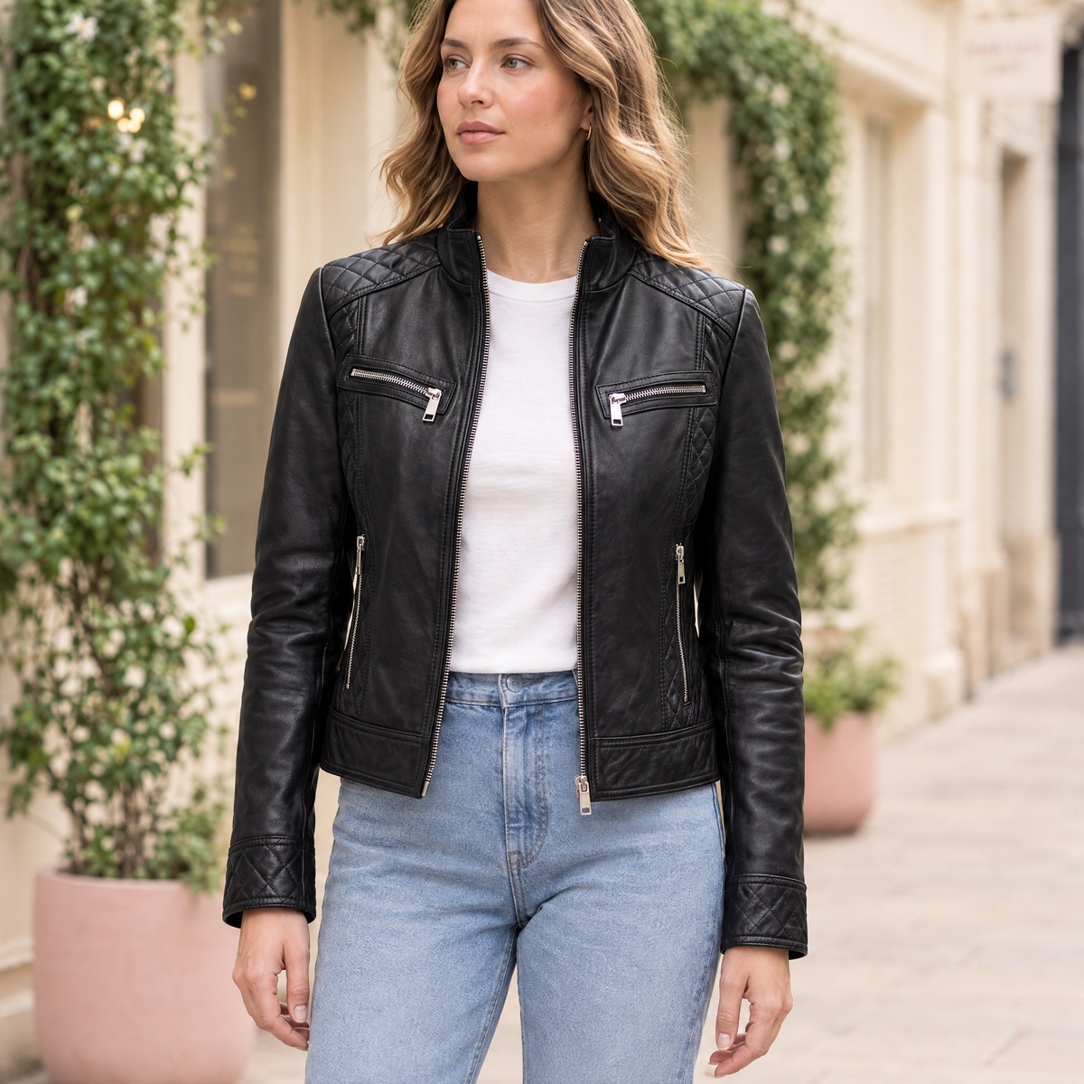 Women's Mikel Leather Racer Jacket — Black — hero