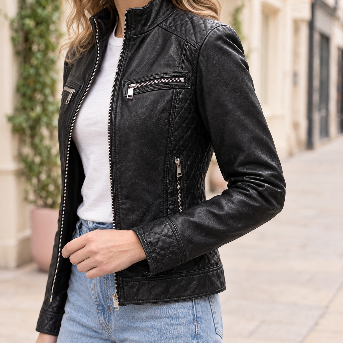 Women's Mikel Leather Racer Jacket — Black — sleeve-detail