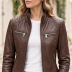 Women's Mikel Leather Racer Jacket — Chestnut — chest-detail