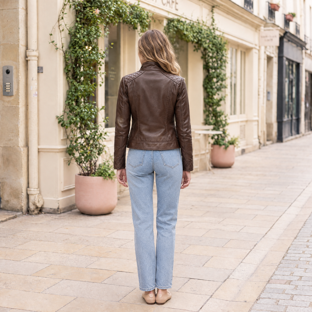 Women's Mikel Leather Racer Jacket — Chestnut — full-body-back