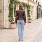 Women's Mikel Leather Racer Jacket — Chestnut — full-body-back
