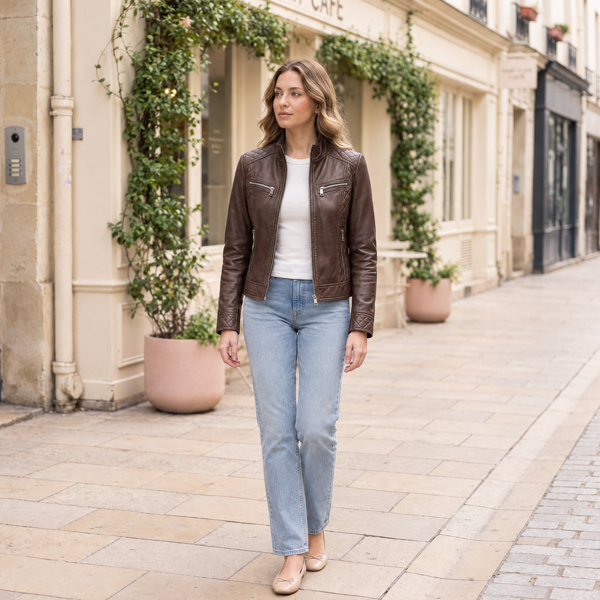Women's Mikel Leather Racer Jacket — Chestnut — full-body-front