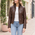 Women's Mikel Leather Racer Jacket — Chestnut — hero