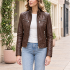 Women's Mikel Leather Racer Jacket — Chestnut — hero