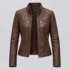 Women's Mikel Leather Racer Jacket — Chestnut — product-front
