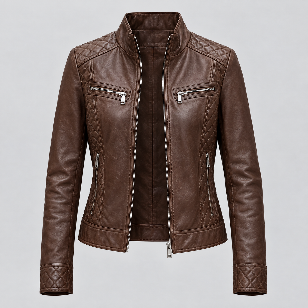 Women's Mikel Leather Racer Jacket — Chestnut — product-front