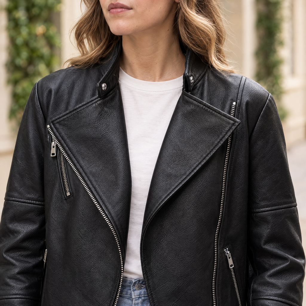 Women's Miley Oversized Leather Moto Jacket — Black — chest-detail