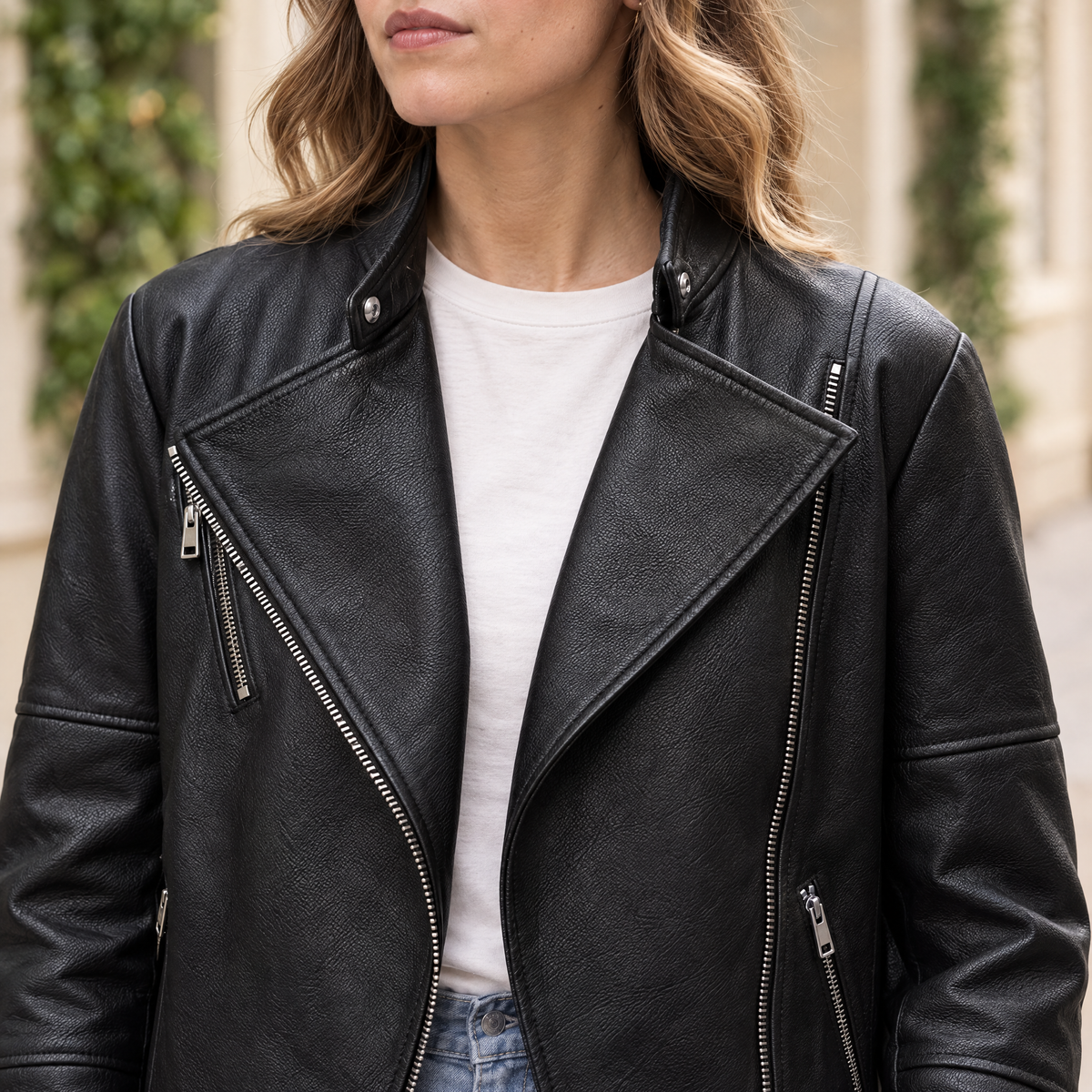 Women's Miley Oversized Leather Moto Jacket — Black — chest-detail
