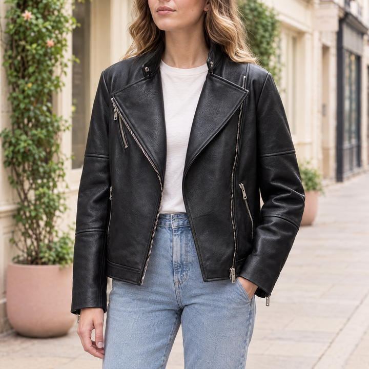 Women's Miley Oversized Leather Moto Jacket — Black — hero
