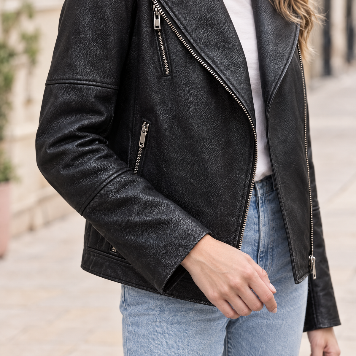 Women's Miley Oversized Leather Moto Jacket — Black — sleeve-detail