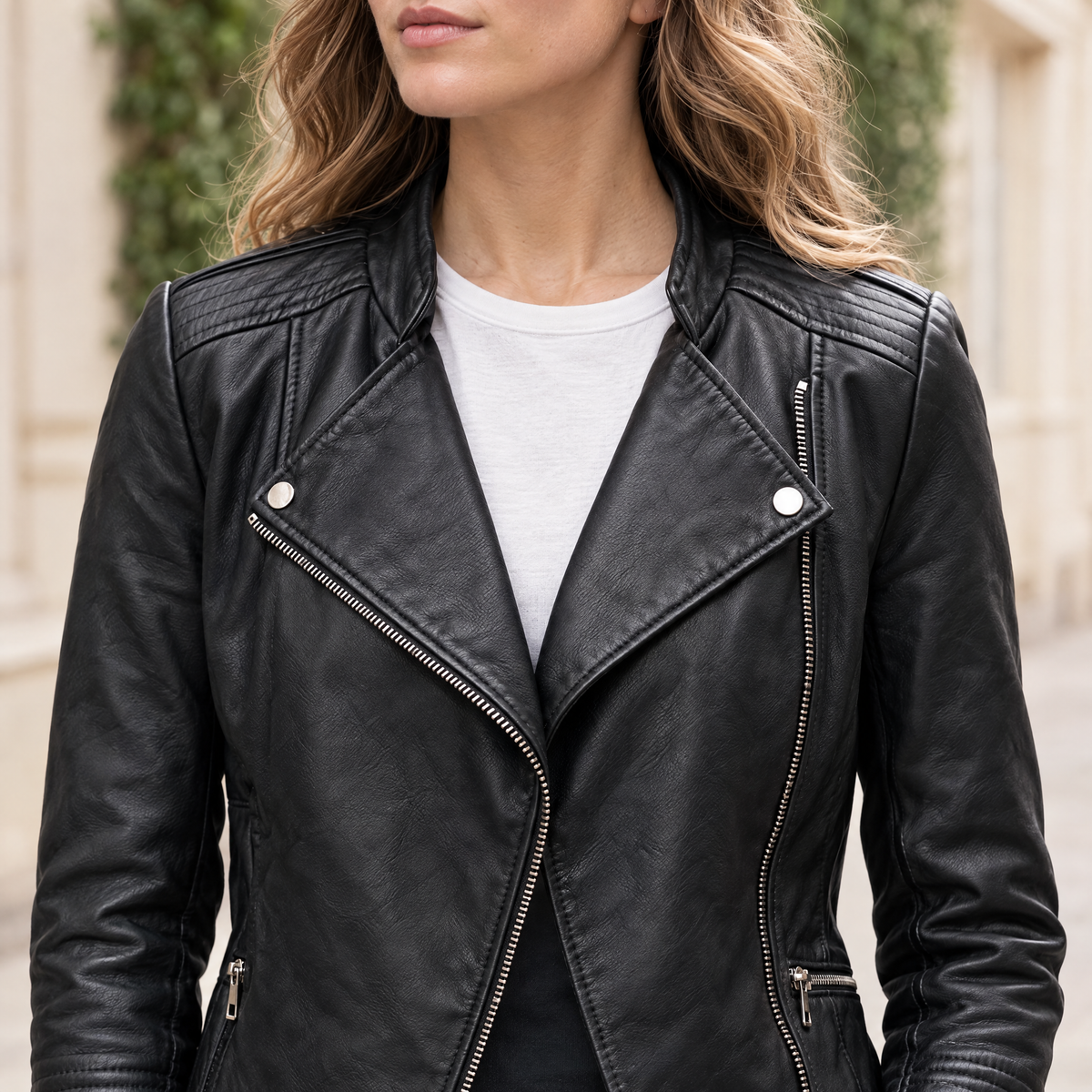 Women's Monica Asymmetrical Leather Moto Jacket — Black — chest-detail