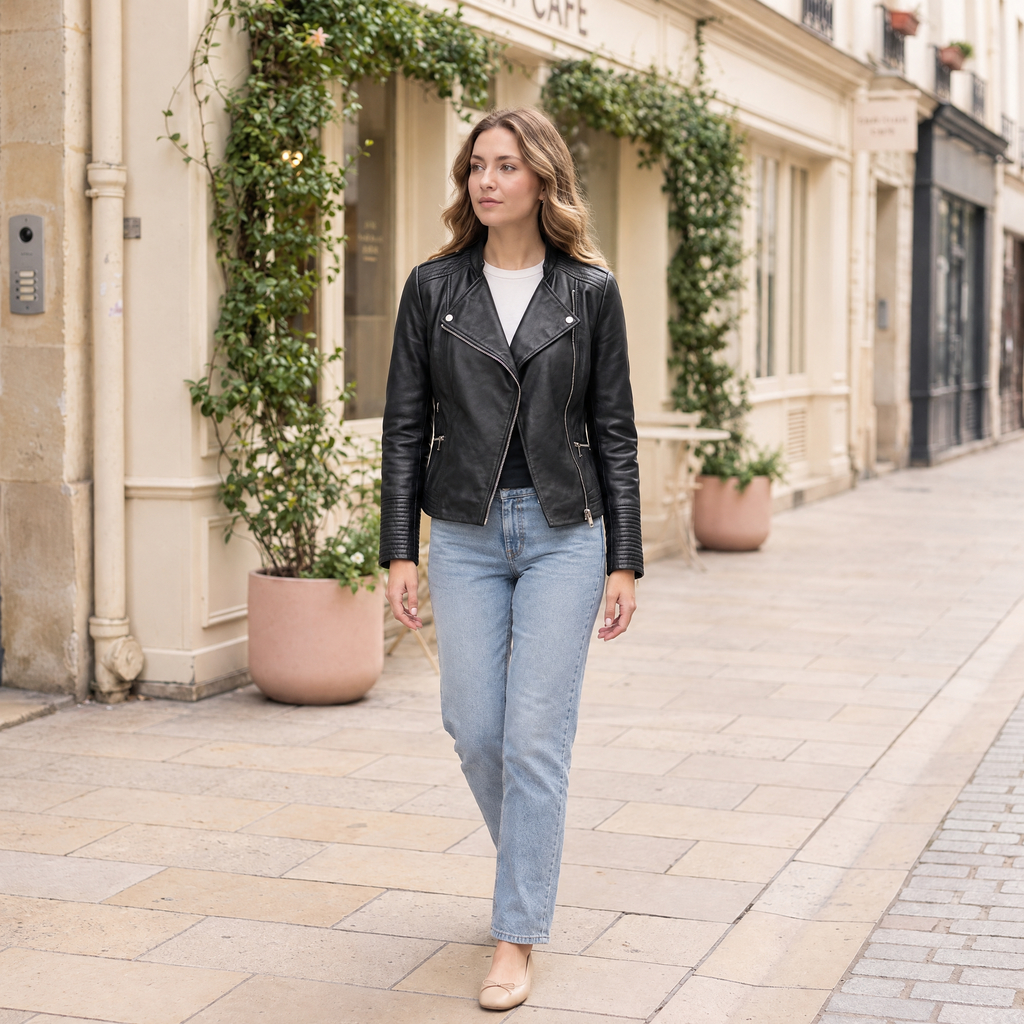 Women's Monica Asymmetrical Leather Moto Jacket — Black — full-body-front