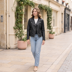 Women's Monica Asymmetrical Leather Moto Jacket — Black — full-body-front